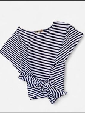 Striped GB Navy and White Knot-Front Cropped Women’s Top